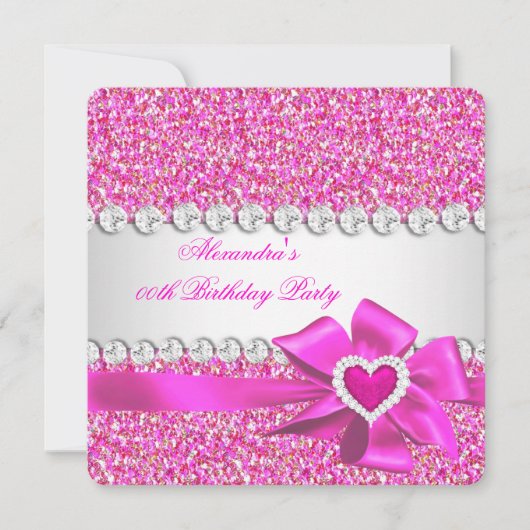 Elegant Glitter Hot Pink Heart Bow Birthday Party Kaart (Voorkant)
