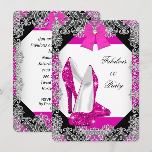 Elegant Glitter Hot Pink Stiletto Birthday Party 4 Kaart (Voorkant / Achterkant)