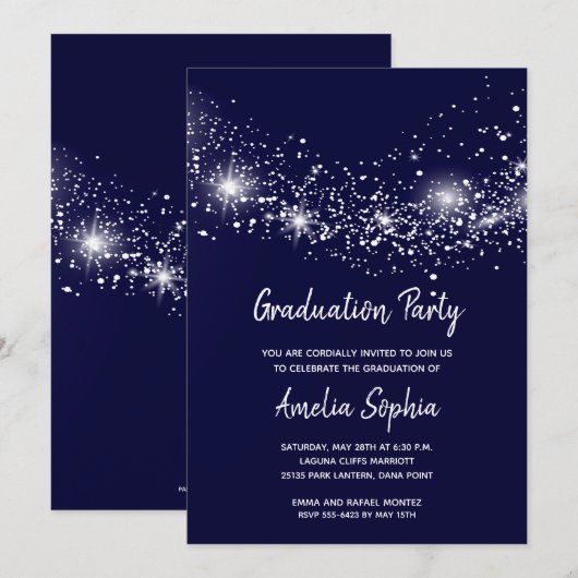 Elegant Glitter Navy Blue Graduation Party nodigt (Voorkant / Achterkant)