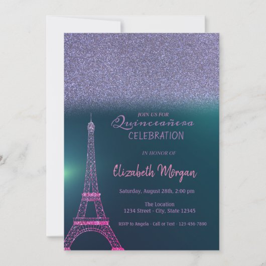 Elegant Glitter Ombre, Eiffel Tower Quinceanera Kaart (Voorkant)