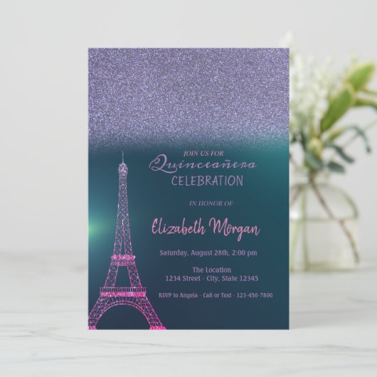 Elegant Glitter Ombre, Eiffel Tower Quinceanera Kaart (Staand voorkant)