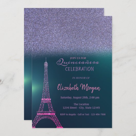 Elegant Glitter Ombre, Eiffel Tower Quinceanera Kaart (Voorkant / Achterkant)