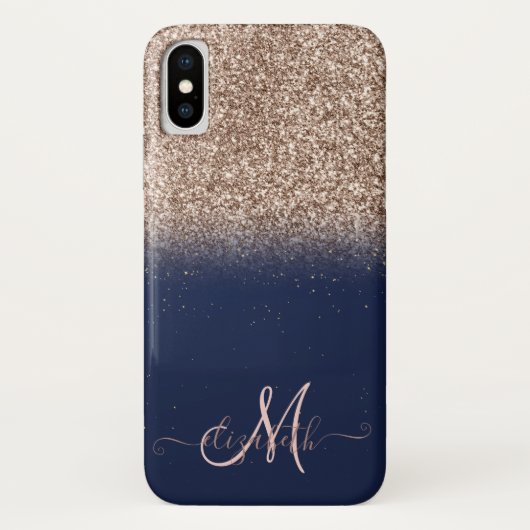 Elegant Glitter Ombre Roos Gold Monogram Navy Blue Case-Mate iPhone Case (Achterkant)