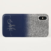 Elegant Glitter Ombre Silver Monogram Navy Blue Case-Mate iPhone Case (Achterkant (horizontaal))