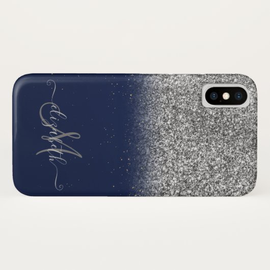 Elegant Glitter Ombre Silver Monogram Navy Blue Case-Mate iPhone Case (Achterkant (horizontaal))