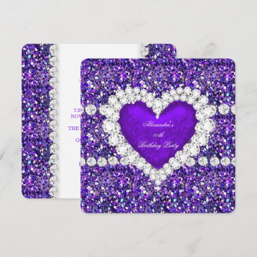 Elegant Glitter Paars Heart Birthday Party Kaart (Voorkant / Achterkant)