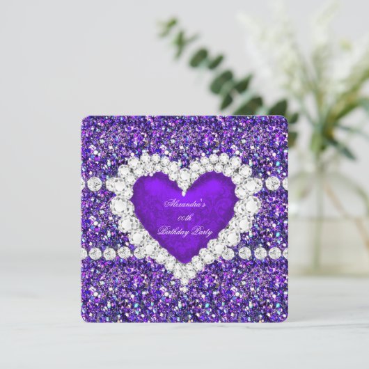 Elegant Glitter Paars Heart Birthday Party Kaart (Staand voorkant)