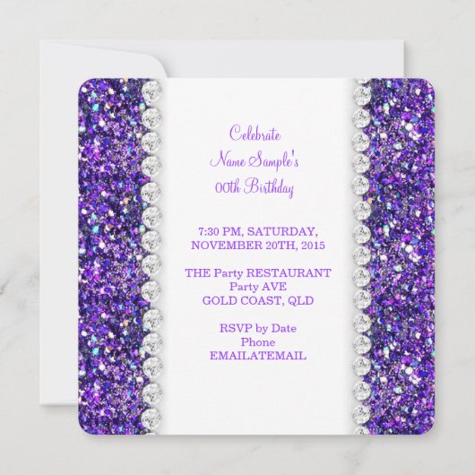 Elegant Glitter Paars Heart Birthday Party Kaart (Achterkant)