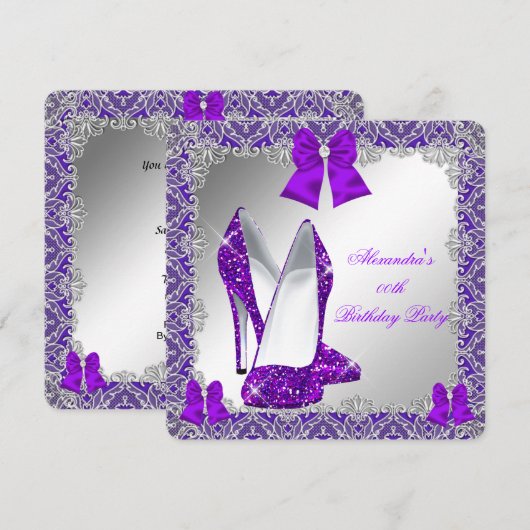 Elegant Glitter Paars Stiletto Birthday Party Kaart (Voorkant / Achterkant)