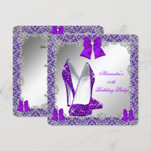 Elegant Glitter Paars Stiletto Birthday Party Kaart
