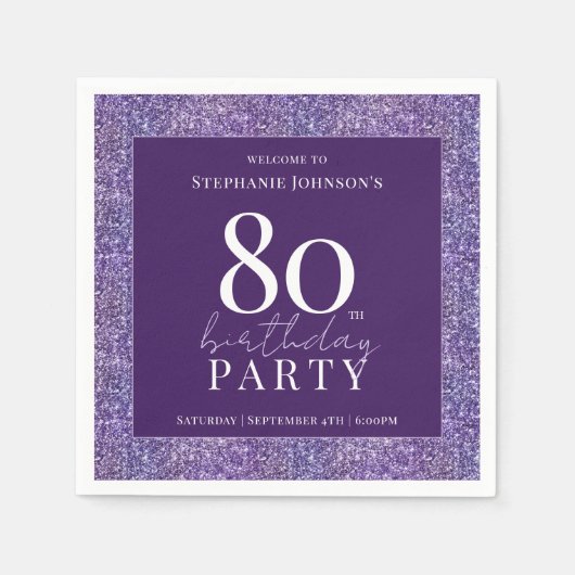 Elegant Glitter Paarse 80ste verjaardagsfeest Servet (Voorkant)