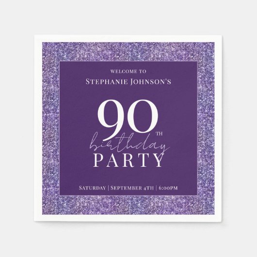 Elegant Glitter Paarse 90ste verjaardagsfeest Servet (Voorkant)