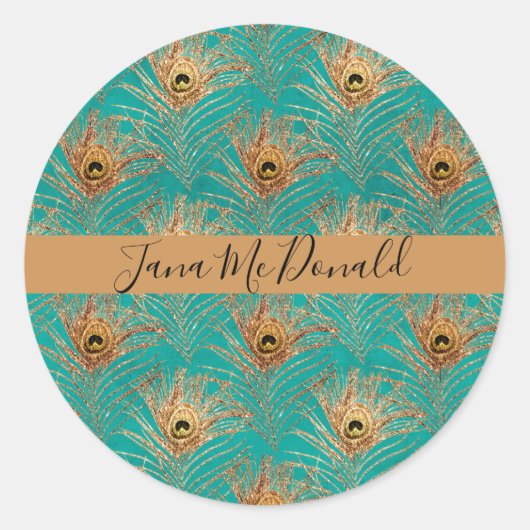 Elegant Glitter Peacock Feathers Gepersonaliseerd Ronde Sticker (Voorkant)