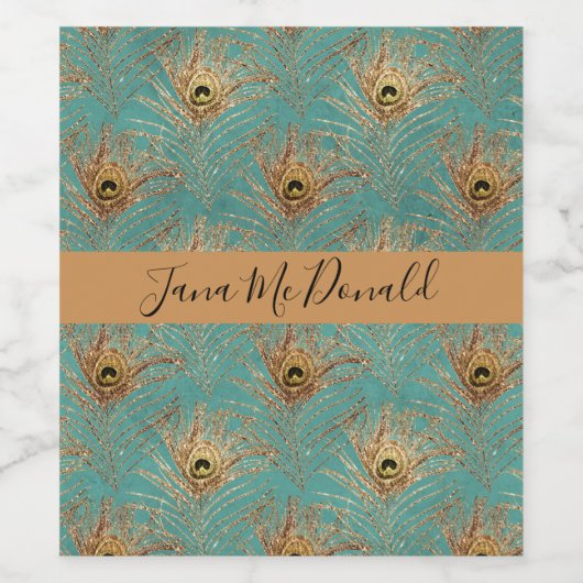 Elegant Glitter Peacock Feathers Gepersonaliseerd Wijn Etiket (Enkel label)