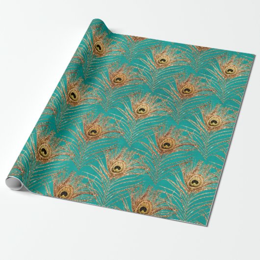 Elegant Glitter Peacock Feathers Patroon Cadeaupapier (Uitgerold)