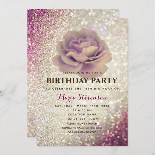 Elegant Glitter Pink Birthday Uitnodiging (Voorkant / Achterkant)