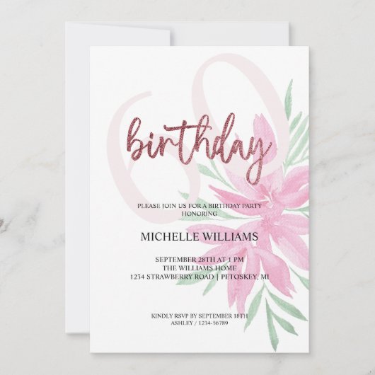 Elegant Glitter Pink Calligraphy Birthday Invitati Kaart (Voorkant)