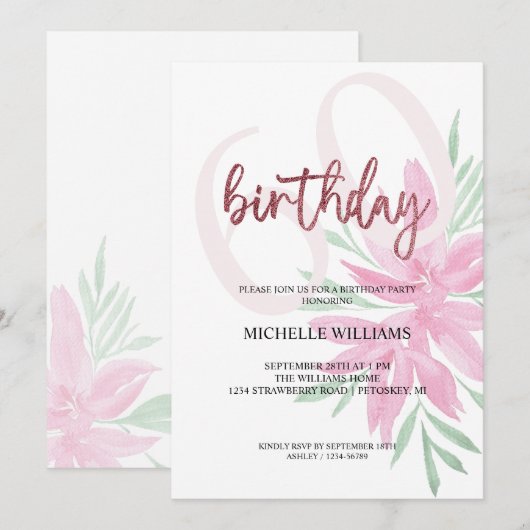 Elegant Glitter Pink Calligraphy Birthday Invitati Kaart (Voorkant / Achterkant)