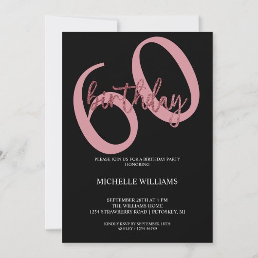Elegant Glitter Pink Calligraphy Birthday Invitati Kaart (Voorkant)