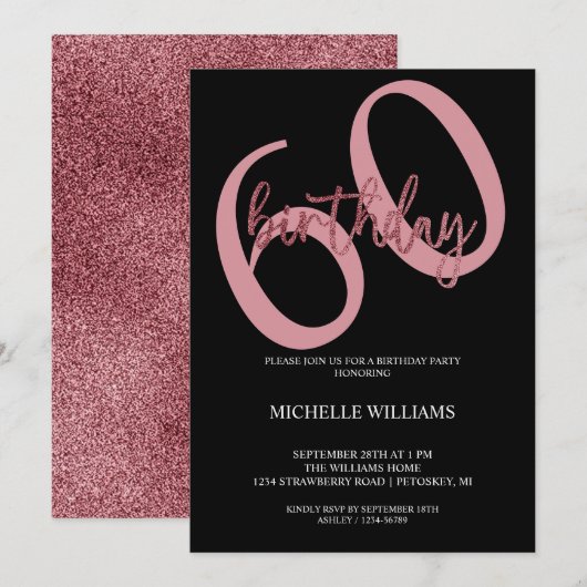 Elegant Glitter Pink Calligraphy Birthday Invitati Kaart (Voorkant / Achterkant)