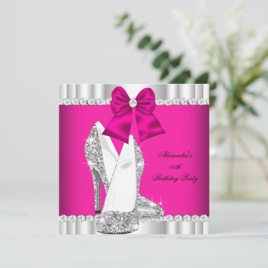 Elegant Glitter Pink Silver Glamor High Hiel Kaart (Staand voorkant)