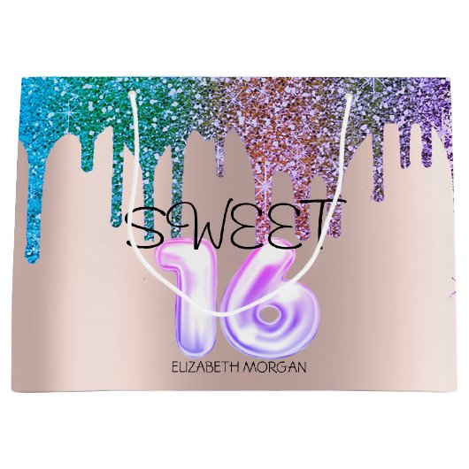 Elegant Glitter Rainbow Drips Roos Gold Sweet 16 Groot Cadeauzakje (Voorkant)