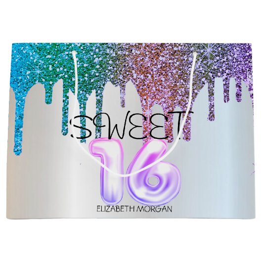 Elegant Glitter Rainbow Drips Silver Sweet 16 Groot Cadeauzakje (Voorkant)