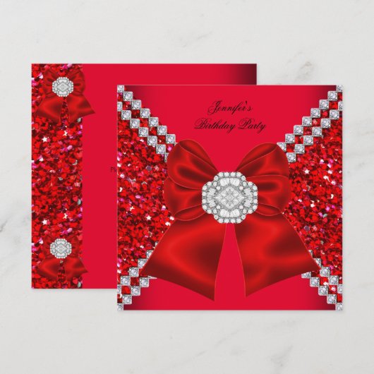 Elegant Glitter Red Diamonds Birthday Party Kaart (Voorkant / Achterkant)