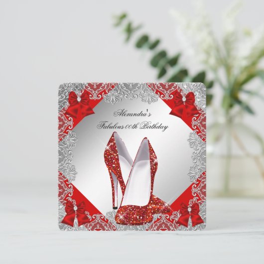 Elegant Glitter Red Stiletto Birthday Party Kaart (Staand voorkant)