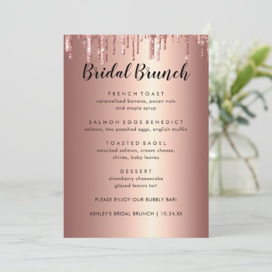 Elegant Glitter Roos Gold Bridal Menu Kaarten Brun (Staand voorkant)