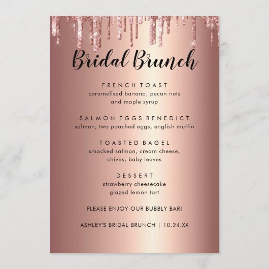 Elegant Glitter Roos Gold Bridal Menu Kaarten Brun (Voorkant)