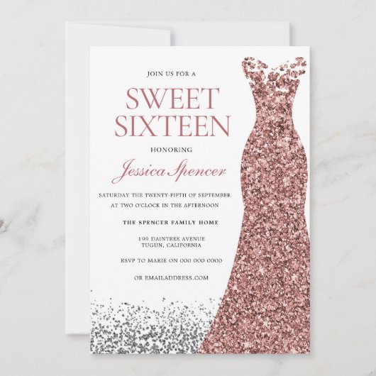 Elegant Glitter Roos Gold Dress Sweet 16 Invite Kaart (Voorkant)