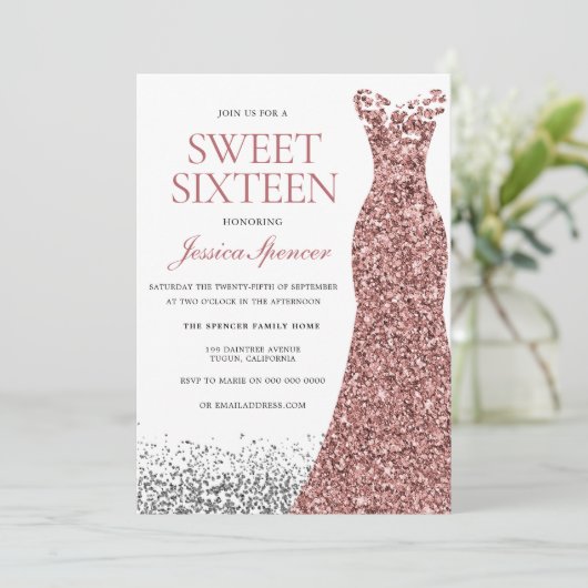 Elegant Glitter Roos Gold Dress Sweet 16 Invite Kaart (Staand voorkant)