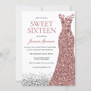 Elegant Glitter Roos Gold Dress Sweet 16 Invite Kaart