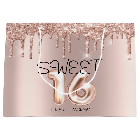 Elegant Glitter Roos Gold Drips Sweet 16 Groot Cadeauzakje (Voorkant)