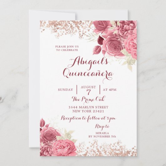 Elegant Glitter Roos Gold Floral Quinceañera Kaart (Voorkant)
