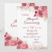 Elegant Glitter Roos Gold Floral Quinceañera Kaart (Voorkant / Achterkant)