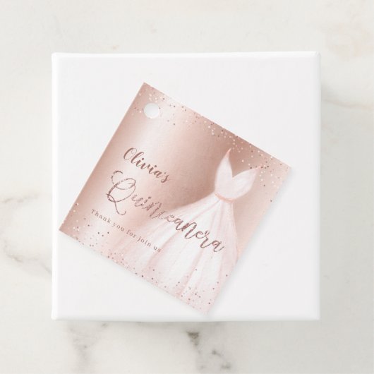 Elegant glitter roos gold met jurk quinceañera bedankjes labels (In situ)