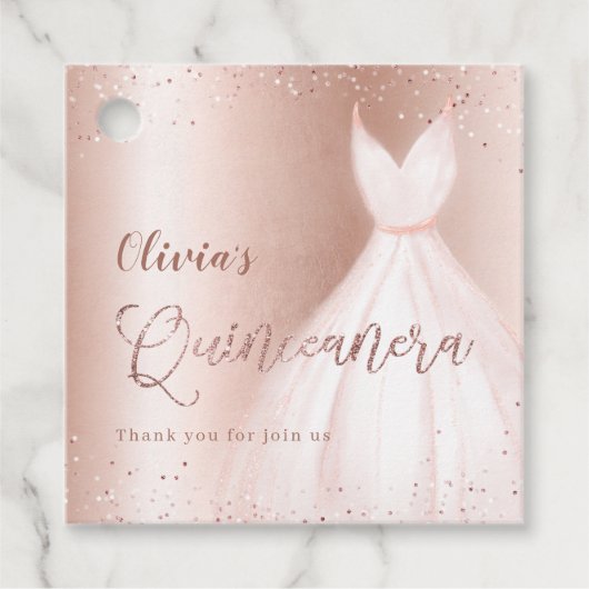 Elegant glitter roos gold met jurk quinceañera bedankjes labels (Voorkant)