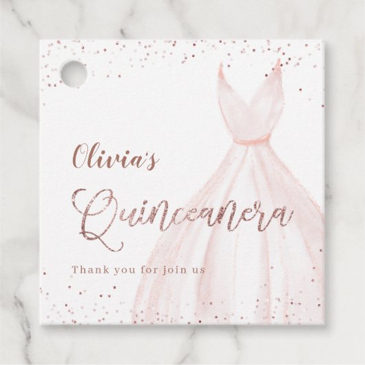 Elegant glitter roos gold met jurk quinceañera f bedankjes labels (Voorkant)