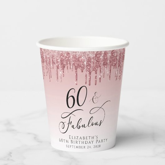 Elegant Glitter Roos Goud Roze 60ste Verjaardagsfe Papieren Bekers (Achterkant)
