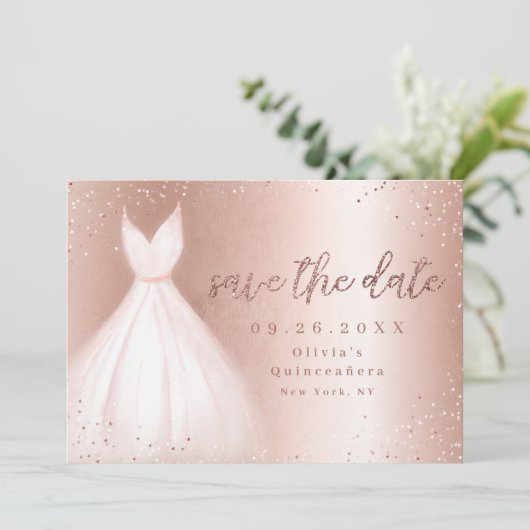 Elegant glitter roos goudroze jurk behalve datum save the date (Staand voorkant)