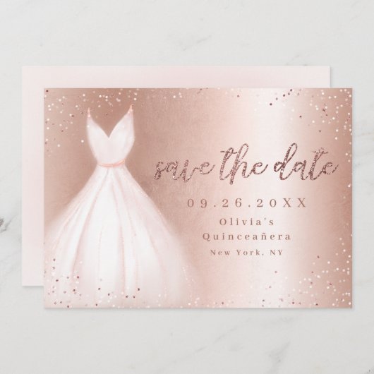 Elegant glitter roos goudroze jurk behalve datum save the date (Voorkant / Achterkant)