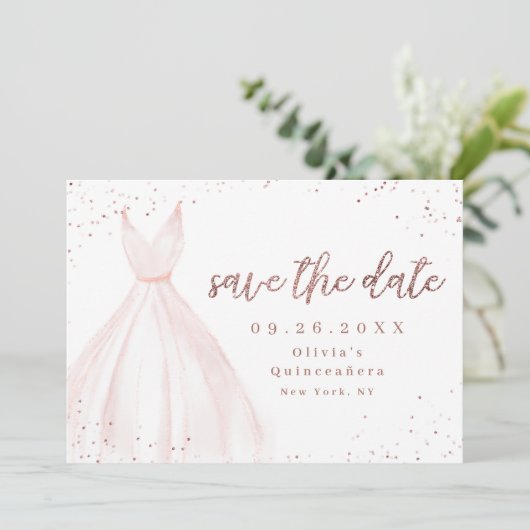Elegant glitter roos goudroze jurk behalve datum save the date (Staand voorkant)