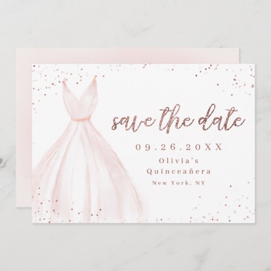 Elegant glitter roos goudroze jurk behalve datum save the date (Voorkant / Achterkant)
