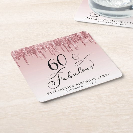 Elegant Glitter Roze Rose Gold 60ste verjaardagsfe Kartonnen Onderzetters (Schuin)