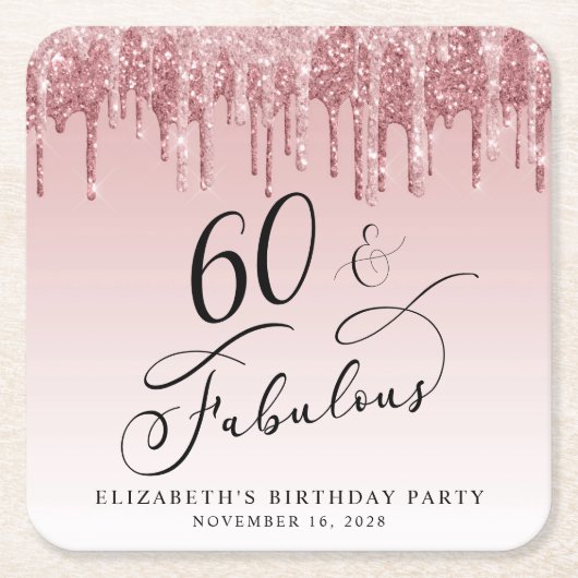Elegant Glitter Roze Rose Gold 60ste verjaardagsfe Kartonnen Onderzetters (Voorkant)