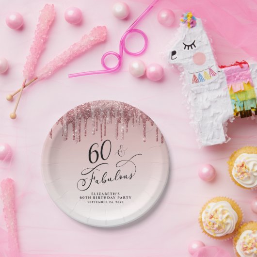 Elegant Glitter Roze Rose Gold 60ste verjaardagsfe Papieren Bordje (Feest)