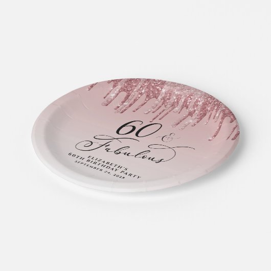 Elegant Glitter Roze Rose Gold 60ste verjaardagsfe Papieren Bordje (Gekanteld)