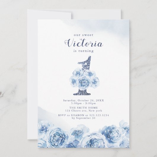 Elegant glitter script blue floral 1st jarig kaart (Voorkant)